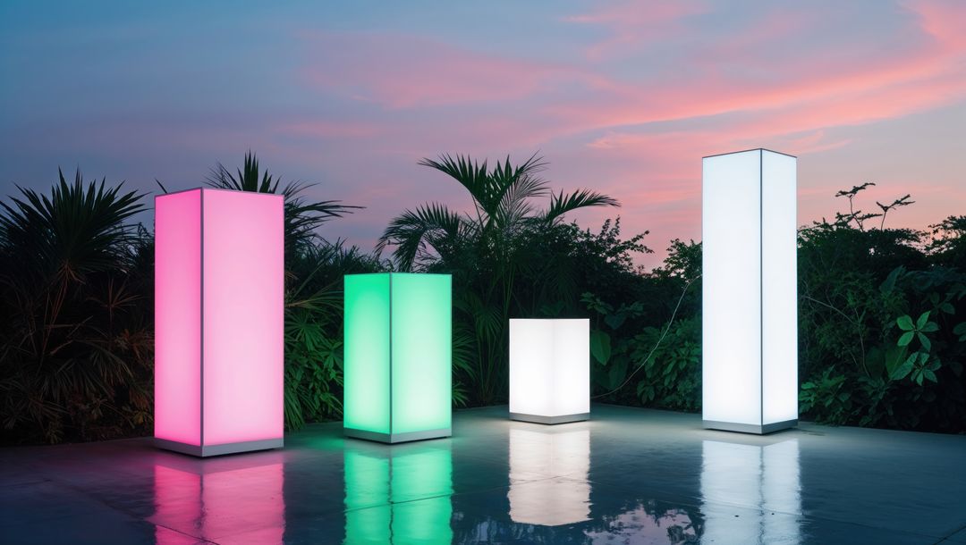 Illuminated Colored Pillars Reflecting at Sunset Outdoors