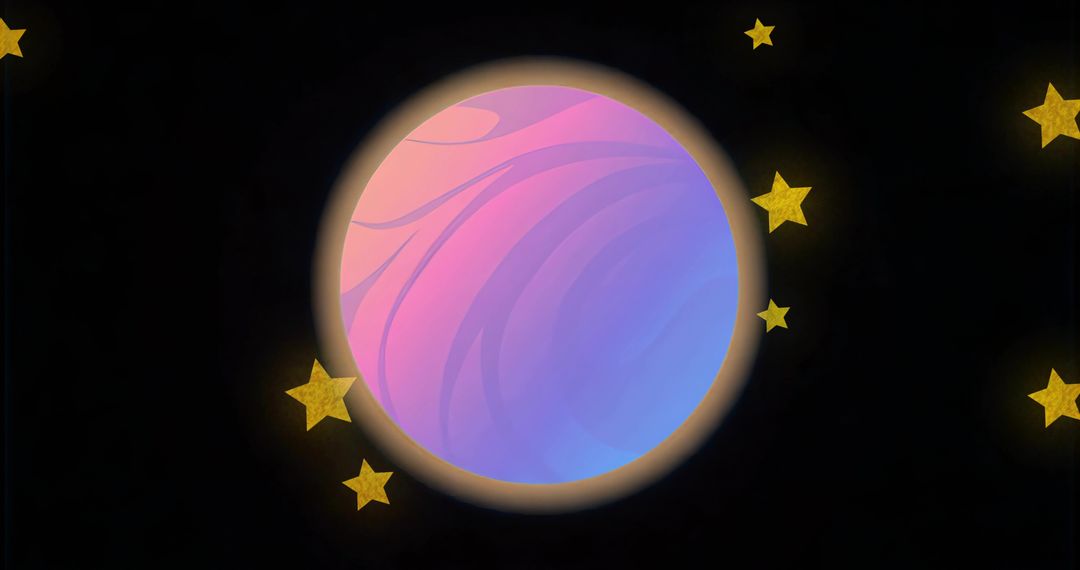Floating pastel gradient planet in cosmic void with glowing golden stars and ethereal glow