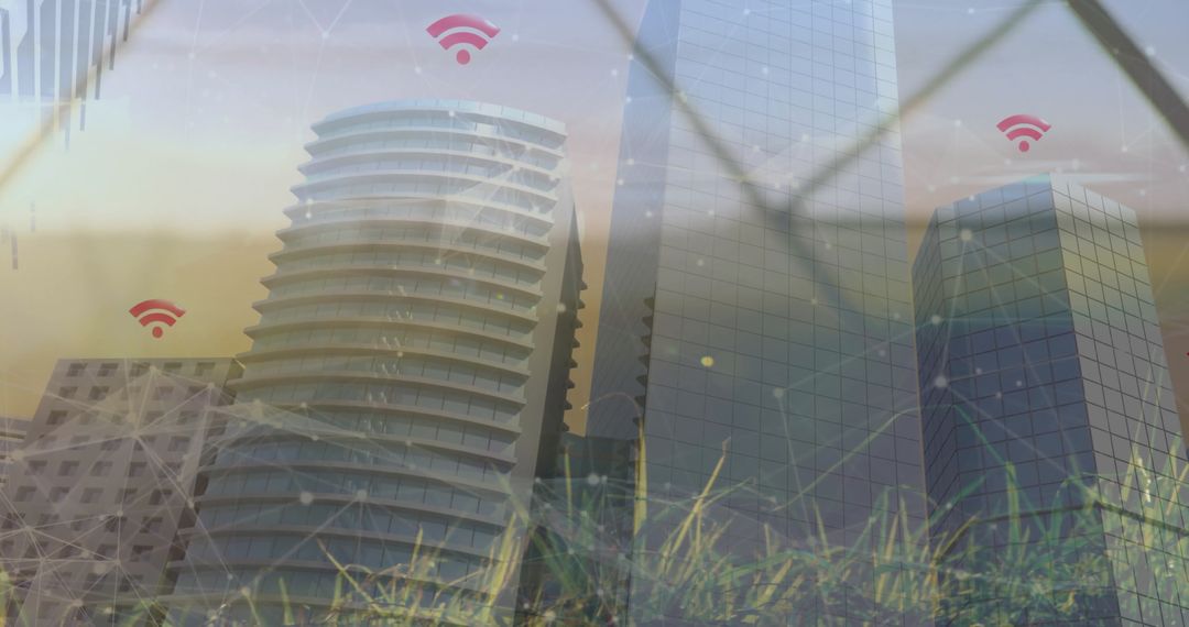Smart City Skyscrapers with WiFi Connectivity Symbolizing Advanced Digital Network