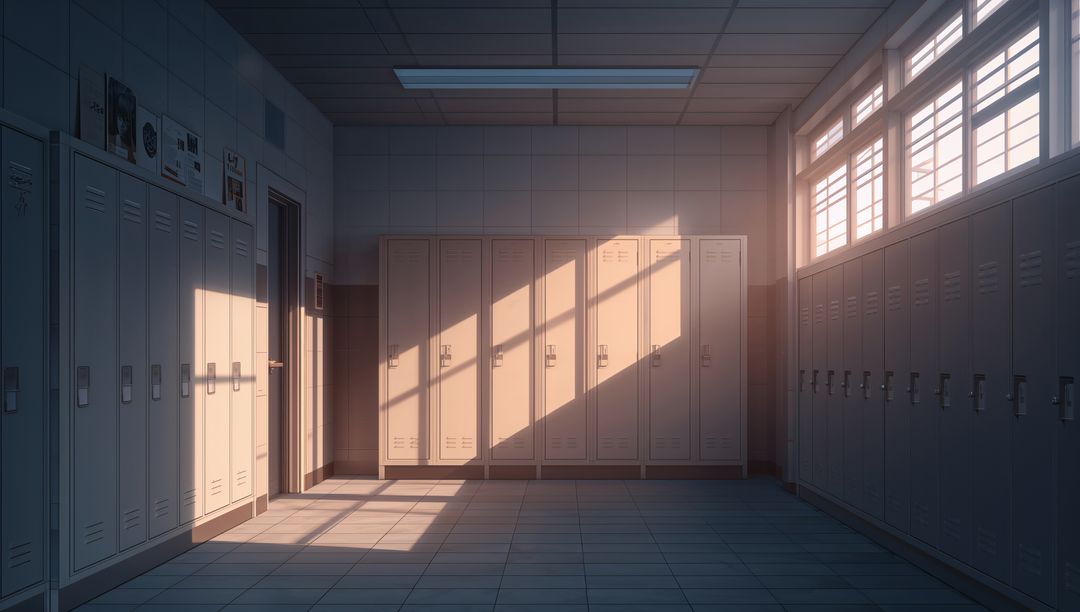 Sunlit School Lockers in Quiet Hallway with Tiled Floor
