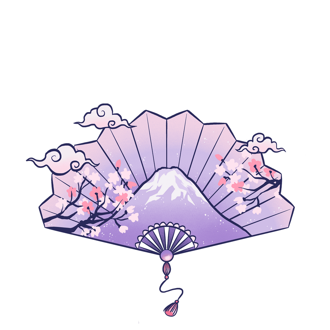 Elegant Folding Fan with Cherry Blossoms and Mountain on Transparent Background