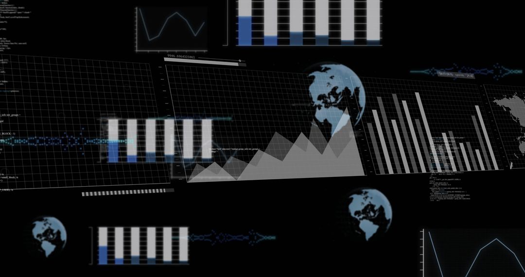 Digital Data Visualization on Black Background with Global Elements