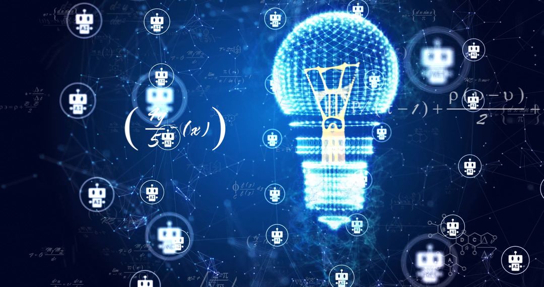 Chatbot Icons Surrounding Glowing Light Bulb with Mathematical Equations