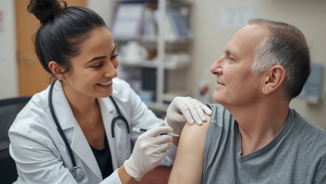 Friendly Doctor Giving Vaccine to Smiling Senior Patient
