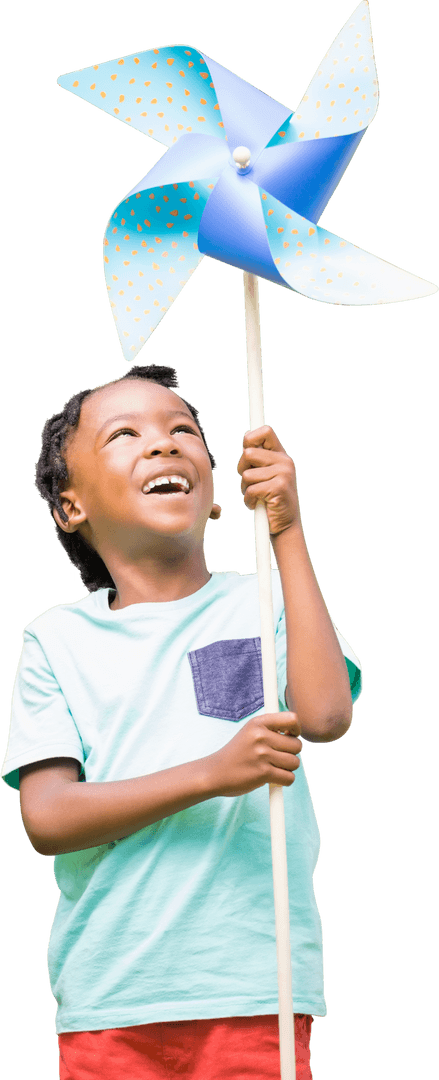 Cheerful Boy with Giant Blue Pinwheel Transparent Background
