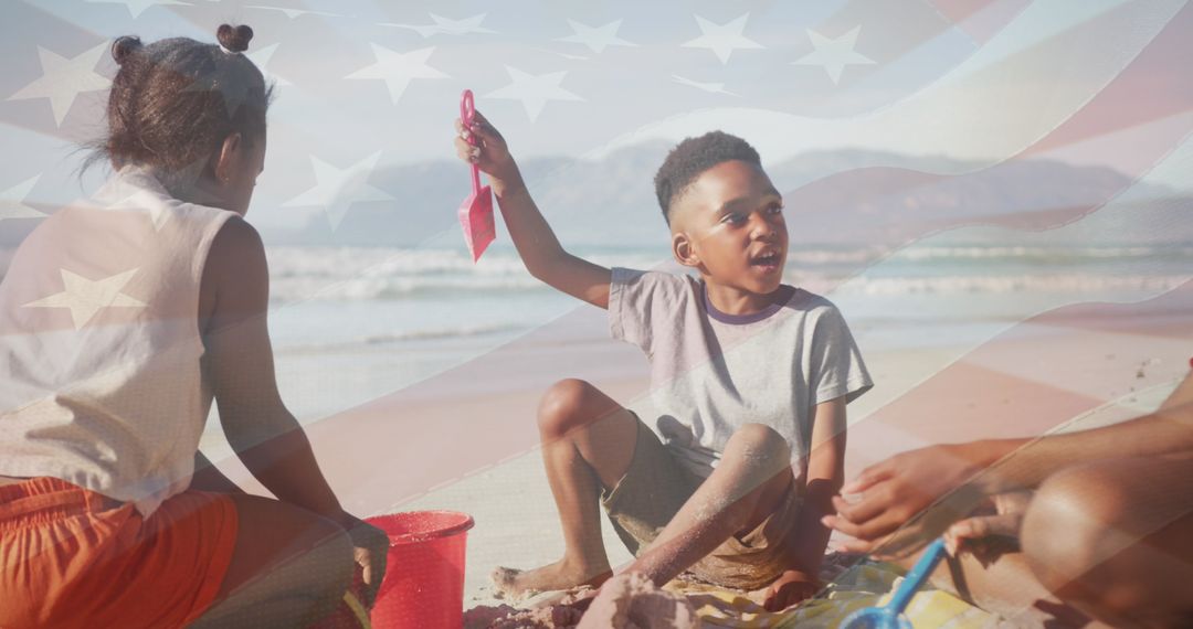 Joyful Family Playing on Beach with USA Flag Overlay