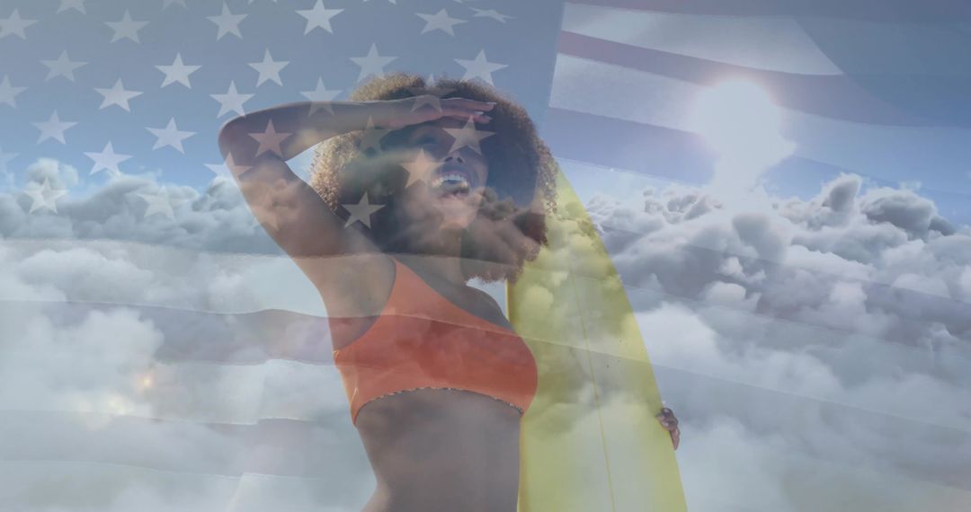 Holding Yellow Surfboard, Shading Eyes and Scanning Horizon with American Flag Overlay
