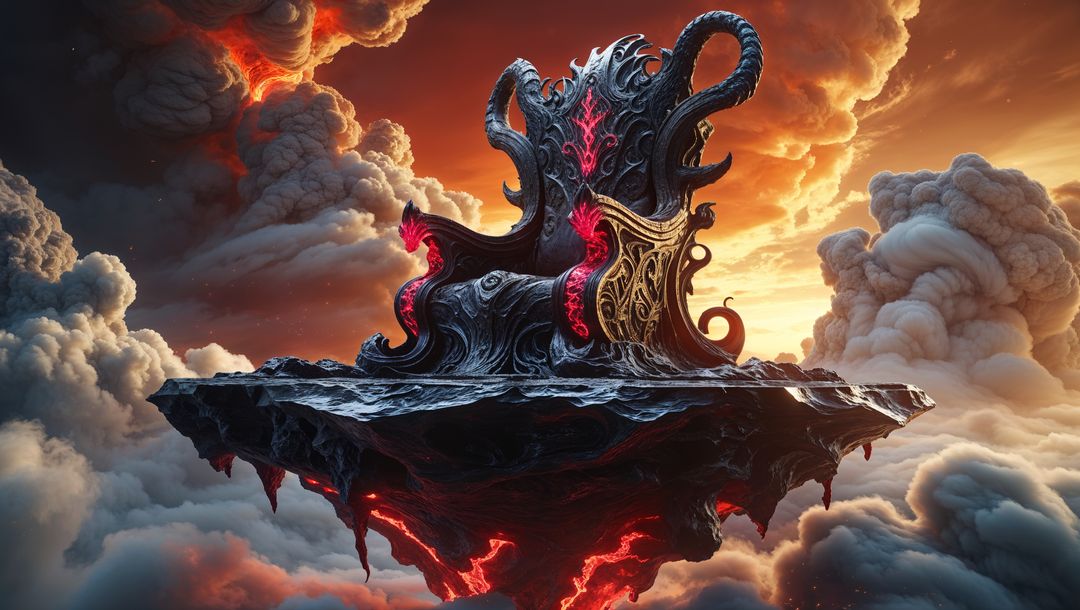 Ornate Black Throne Floating Above Mystical Lava Landscape
