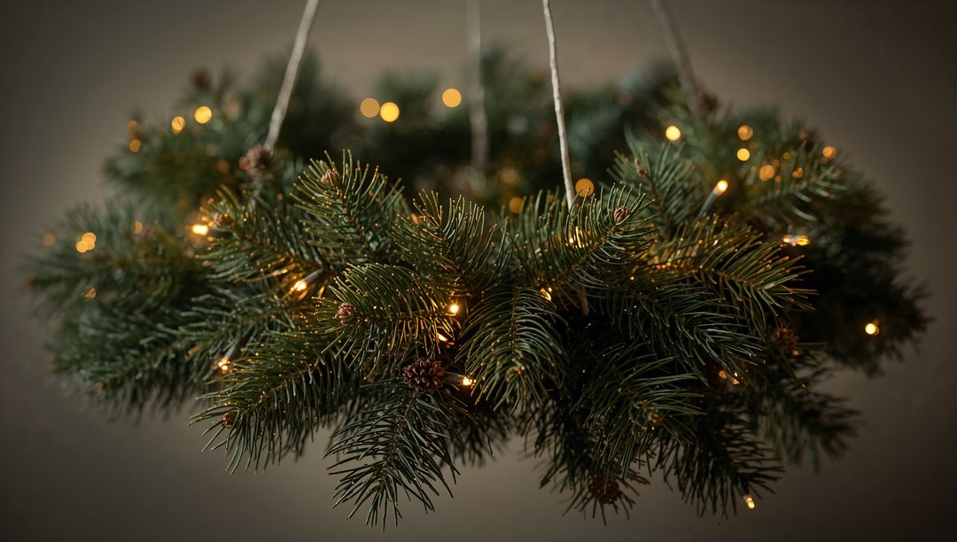 Hanging evergreen wreath glowing with warm white LED lights, pinecones and twine hanger