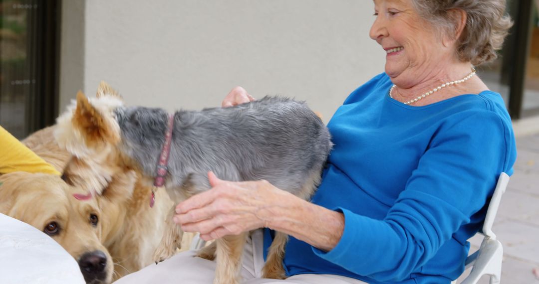 Senior Woman Smiling and Petting Dogs Outdoors - Free Images, Stock Photos and Pictures on Pikwizard.com