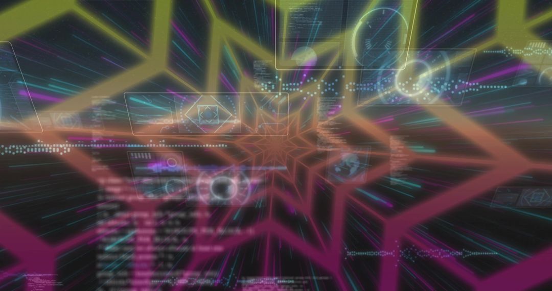 Radiating neon starburst in holographic cyberspace with geometric nodes and data streams
