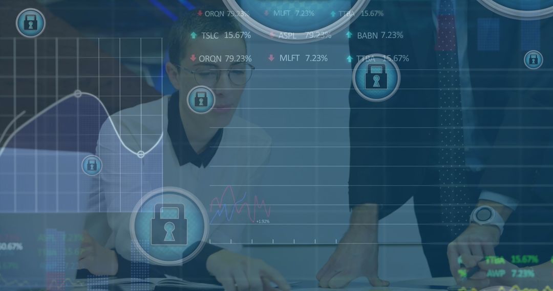Business Team Analyzing Stock Market Data with Digital Security Overlay