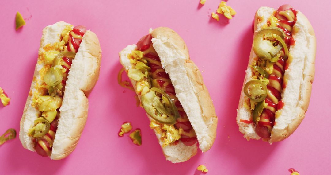 Image of hot dogs with mustard, ketchup and jalapeno on a pink surface - Free Images, Stock Photos and Pictures on Pikwizard.com