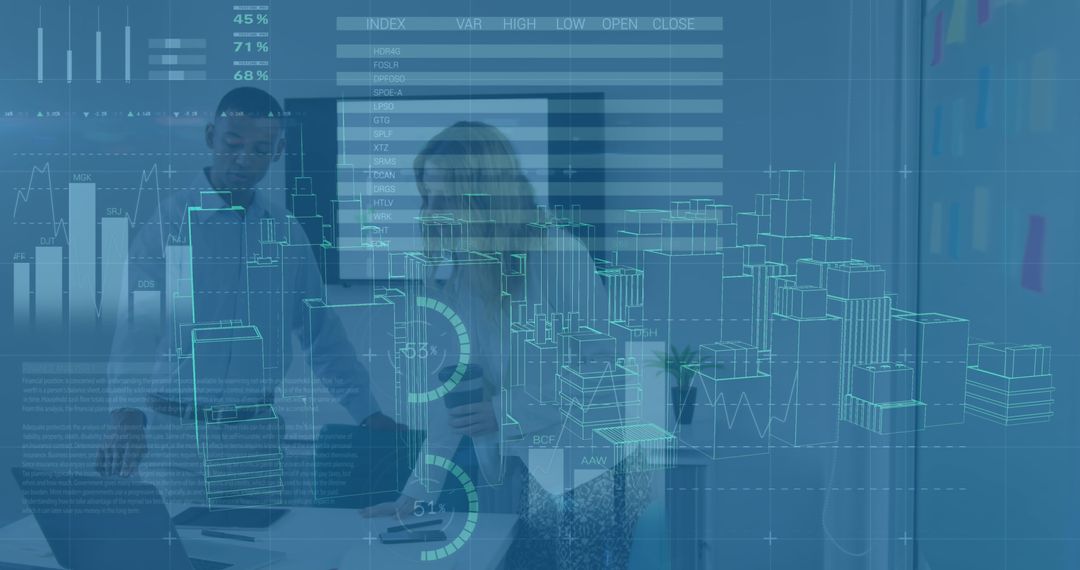 Diverse Business Team Analyzing Data with Digital City Interface