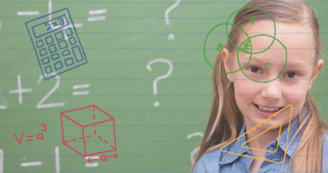 Smiling School Girl with Math Symbols and Formulas on Chalkboard