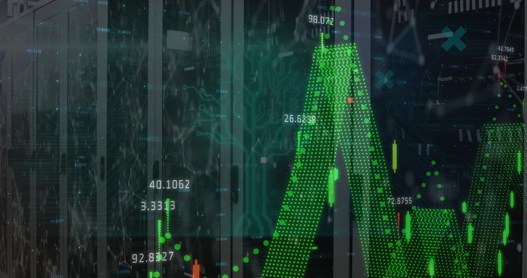 Digital Interface Overlay on Financial Data with Server Room Background