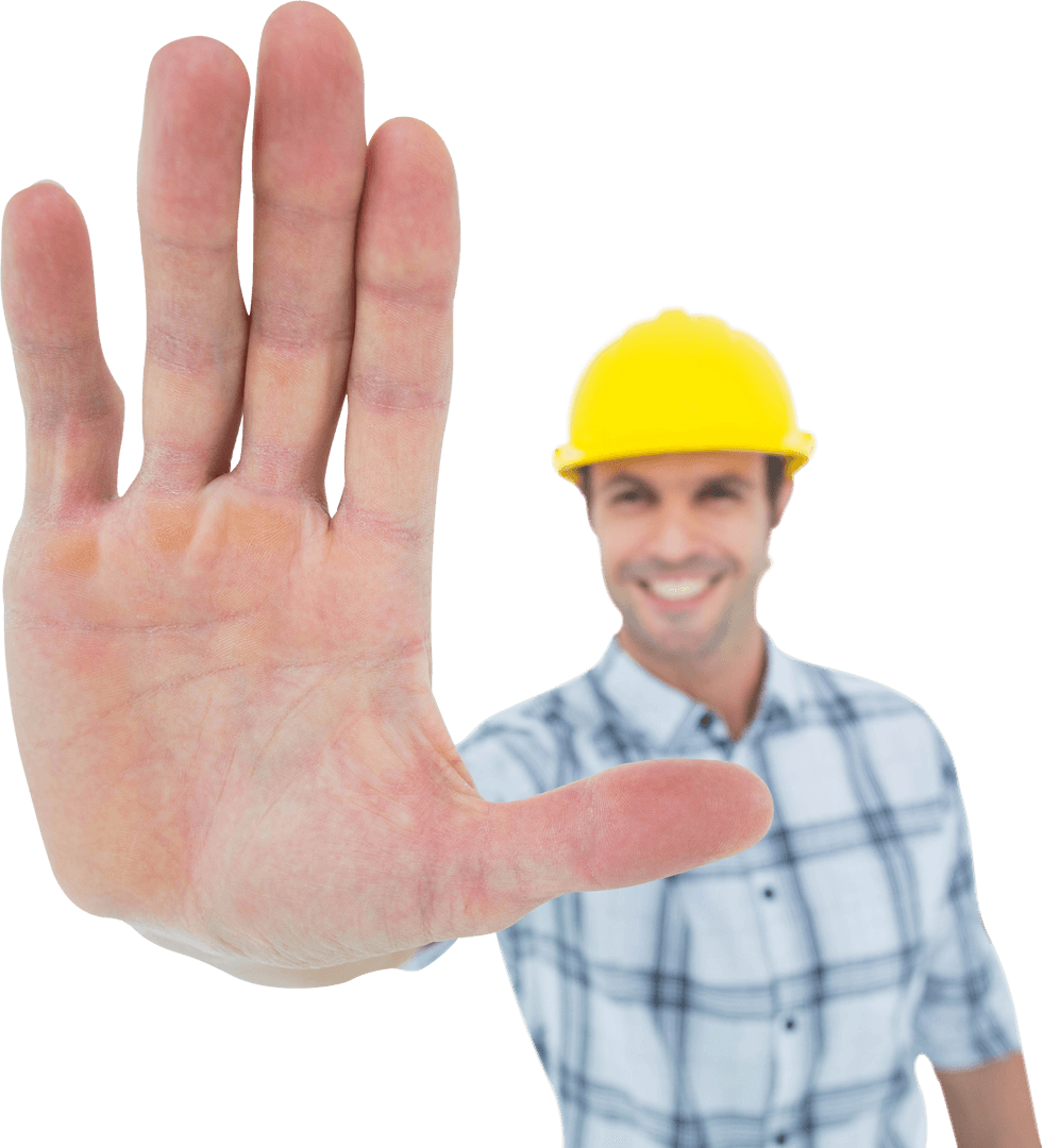 Transparent View Happy Carpenter Showing Open Hand in Safety Gear