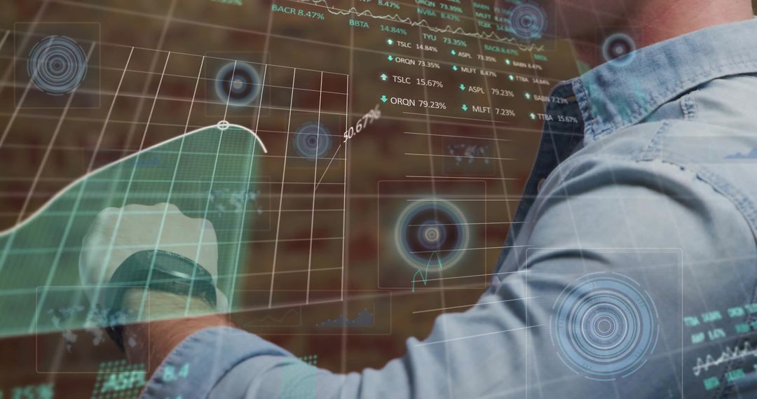 Man Analyzing Data with Futuristic Interface and Smartwatch