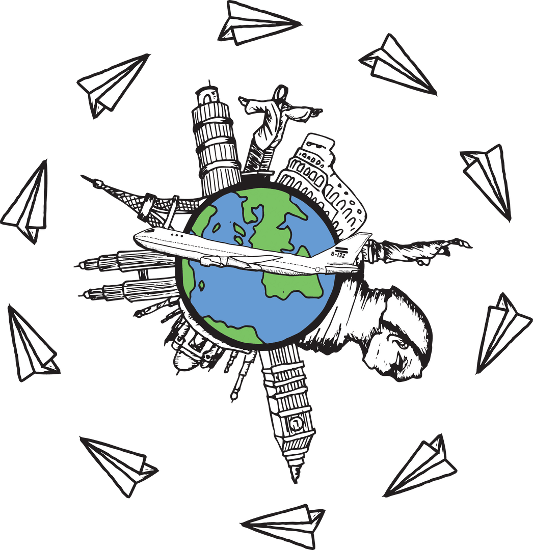 Transparent Globe Surrounded by Iconic Landmarks and Paper Planes