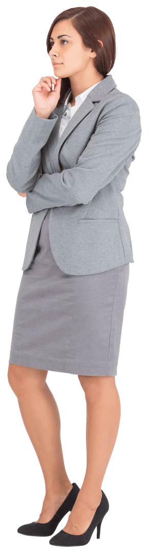 Thinking Hispanic Businesswoman in Professional Attire Transparent Background