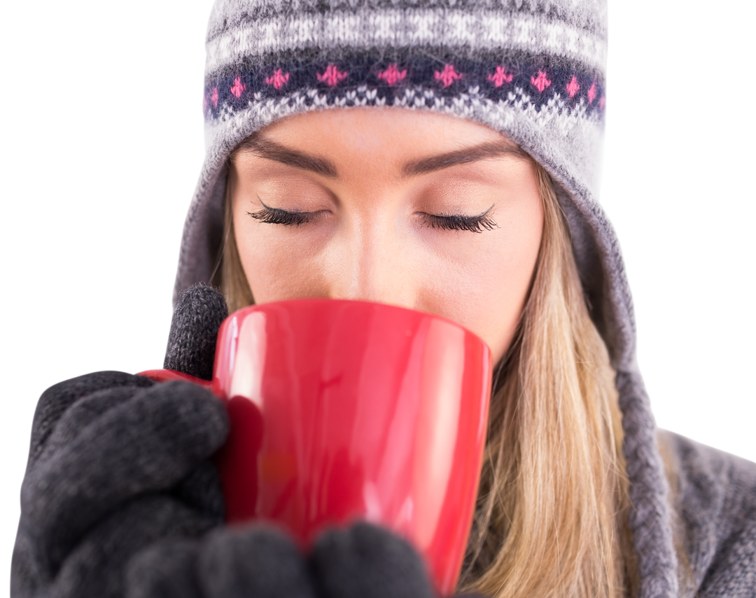 Blonde Woman Holding Red Mug with Winter Clothes in Transparent Background - Download Free Stock Images Pikwizard.com