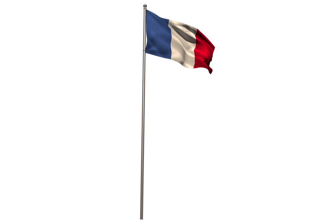 French Flag Waving on Silver Pole Transparent Background