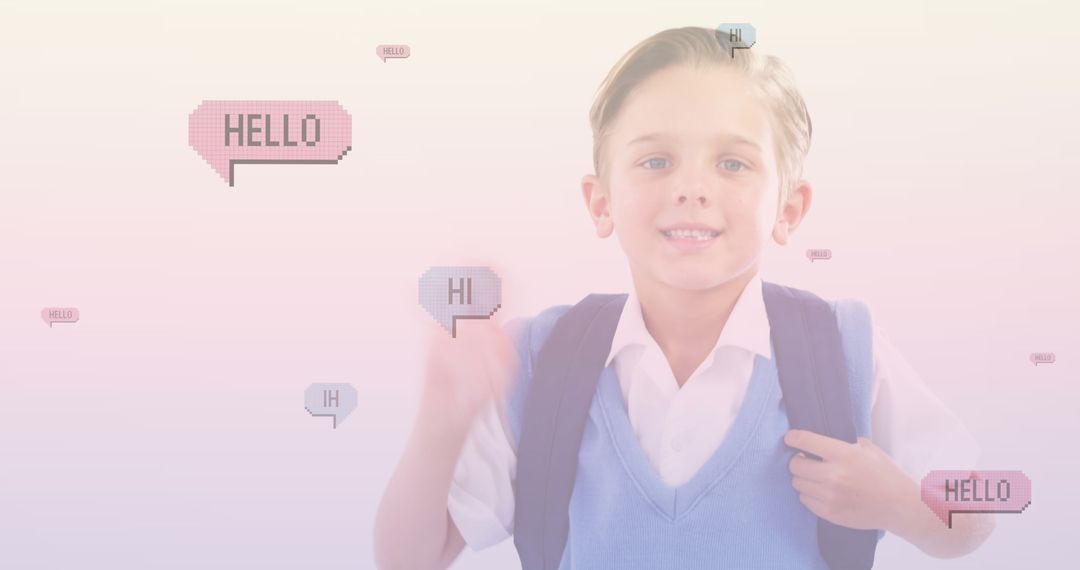 Cheerful Boy Sending Greetings with Speech Bubbles