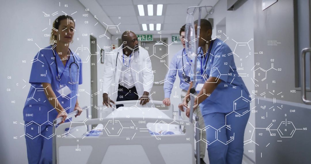 Diverse Medical Professionals Collaborating with Digital Science Data