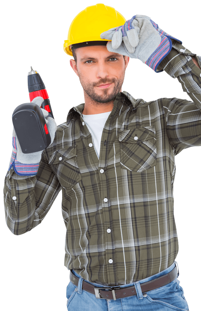 Confident Handyman with Power Drill Isolated on Transparent Background