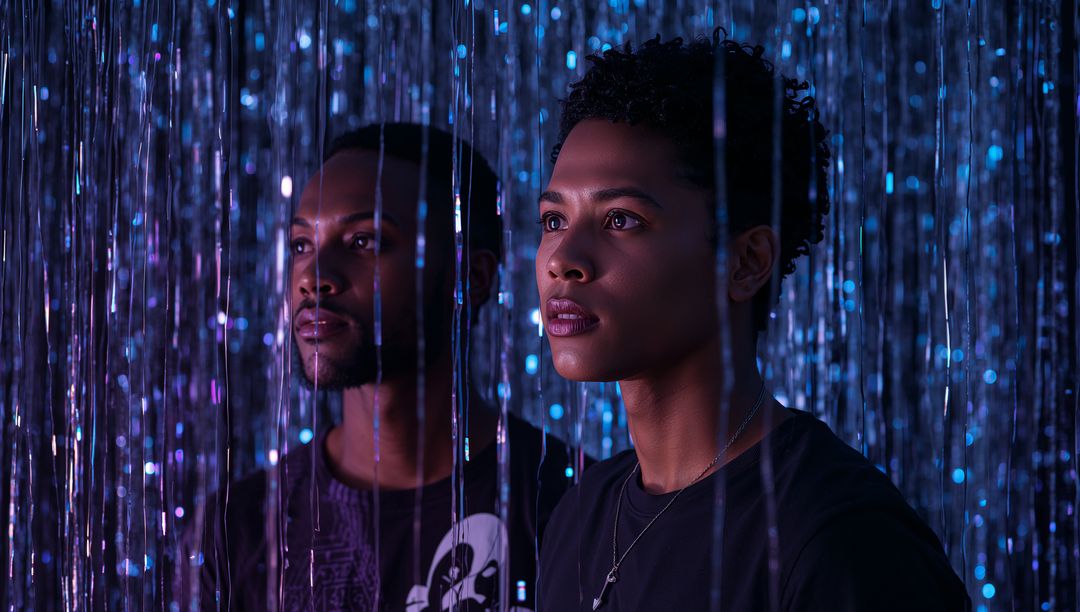 Two Men Exploring Neon Art Installation with Metallic Streamers and Cinematic Bokeh