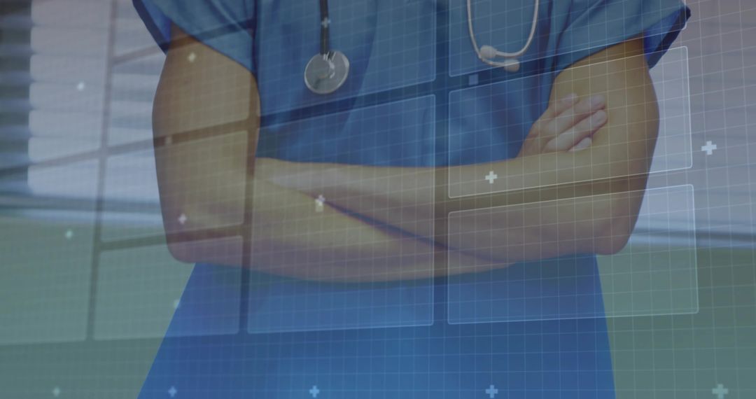Confident Doctor in Scrubs Crossing Arms with Digital Interface Overlay