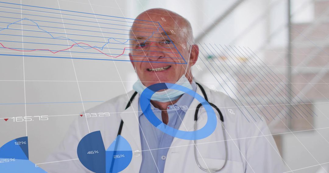 Senior Doctor Smiling and Wearing Stethoscope While Analyzing Medical Data Overlays