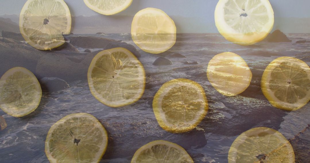 Overlay of Lemon Slices on Rocky Coastal Scene