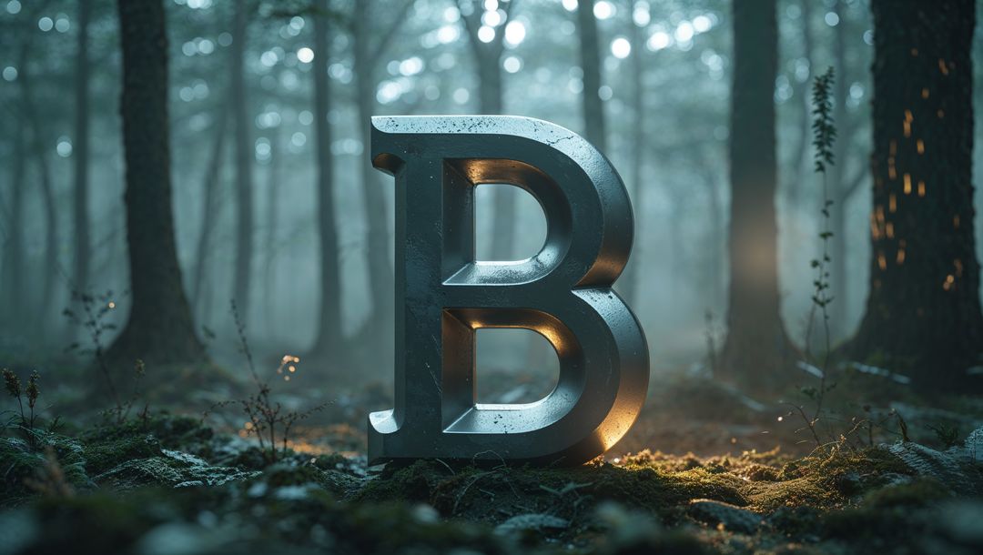 Glowing Letter B on Mossy Forest Floor