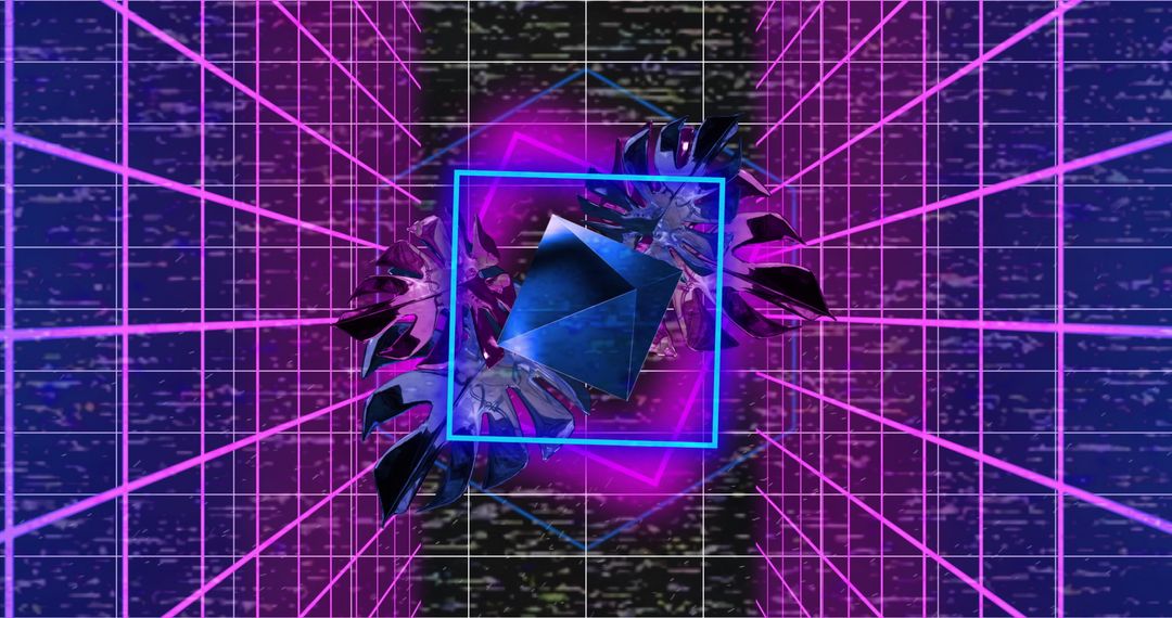 Futuristic Neon Geometry and Tropical Leaves Digital Art