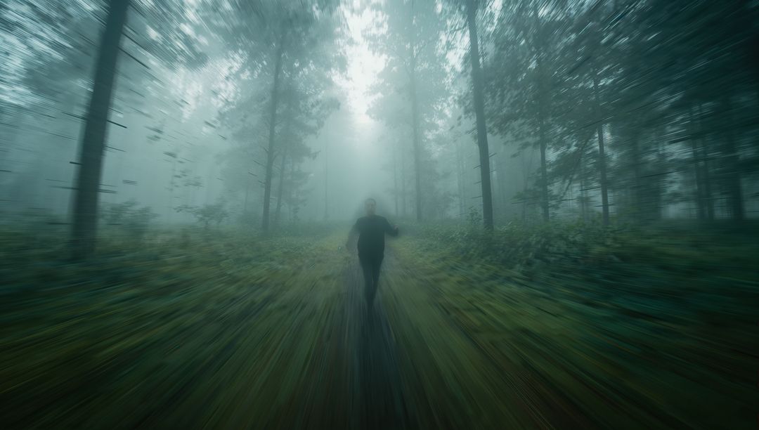 Mysterious Silhouette Running on Foggy Forest Path