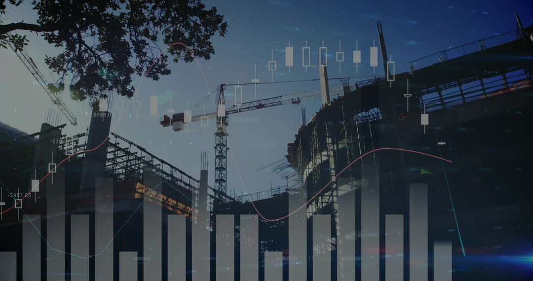 Modern Construction Progress with Financial Chart Overlays at Dusk