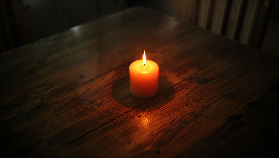 Pillar Candle Glowing on Rustic Wooden Table