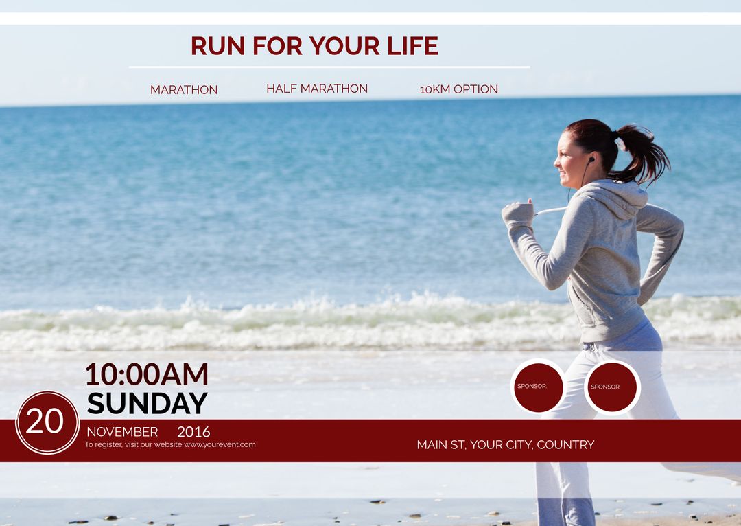 Marathon Event Promotion Featuring Female Runner on Beach