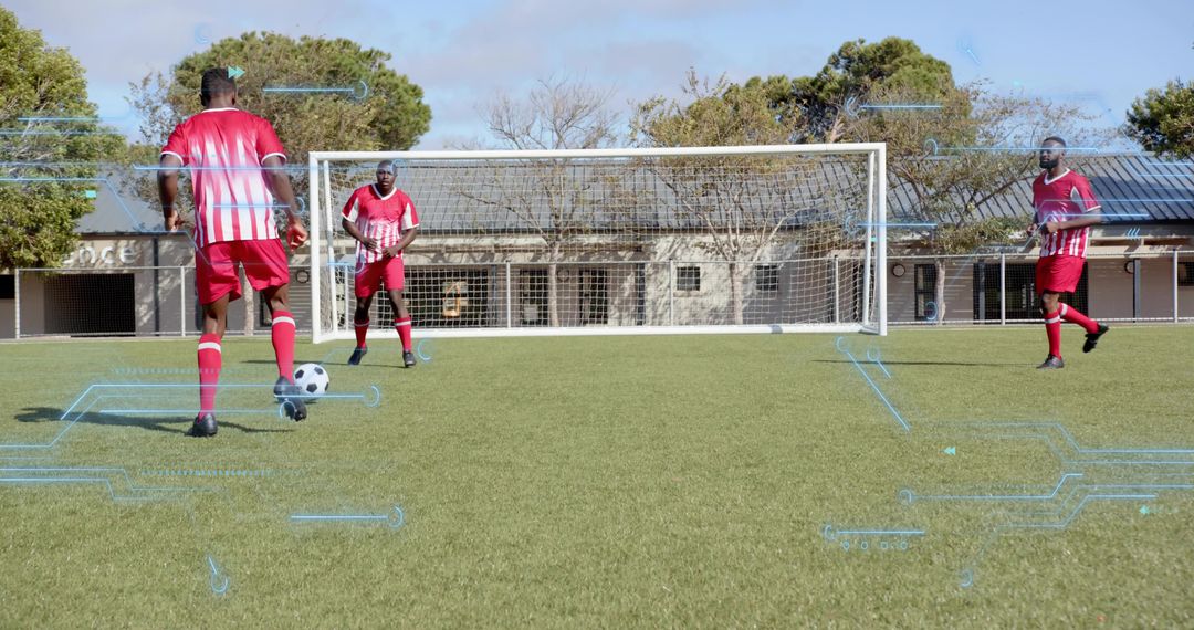 Three soccer players positioning at goal for tactical drill with HUD analytics overlay