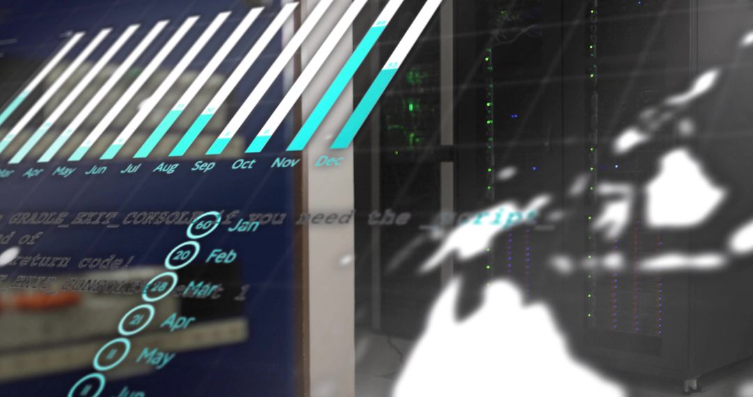 Data Analytics Projection in Modern Server Room with Digital Bar Chart
