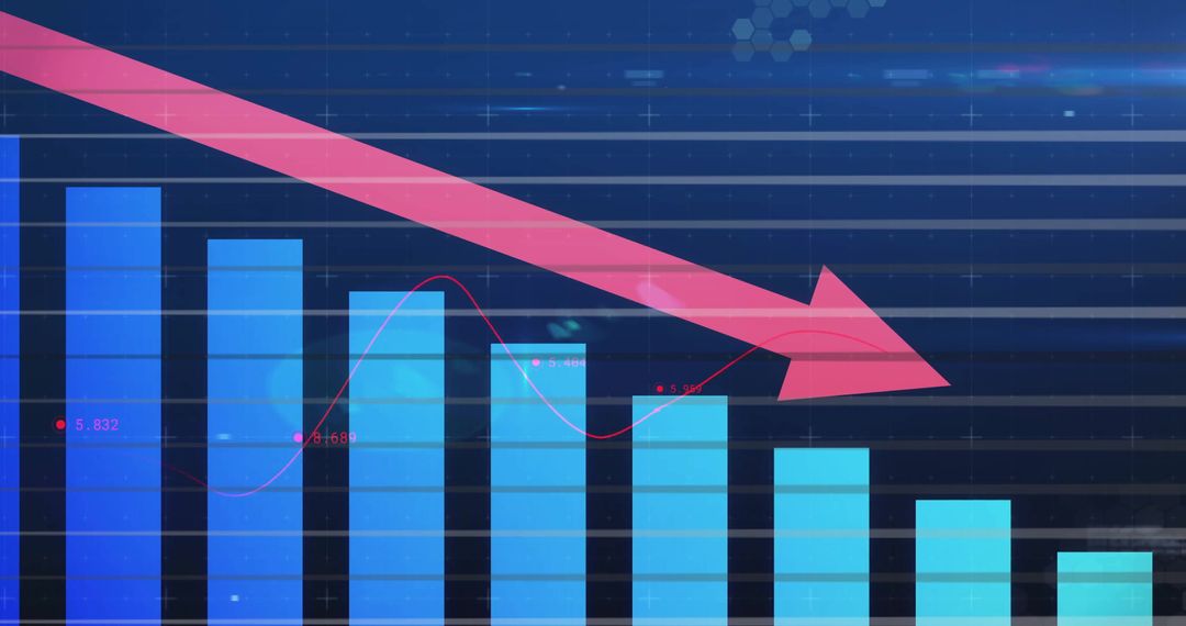 Blue Bar Chart with Downward Pink Arrow Showing Data Trend