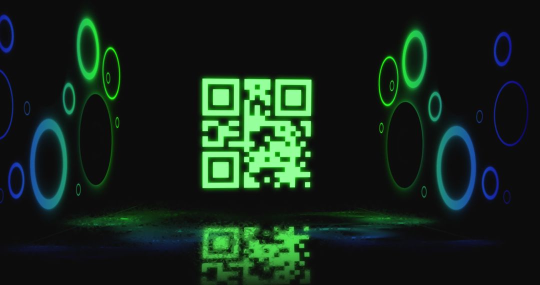 Neon QR Code with Futuristic Circles Against Black Background