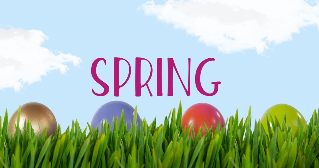 Colorful Easter Eggs in Grass Under Spring Sky