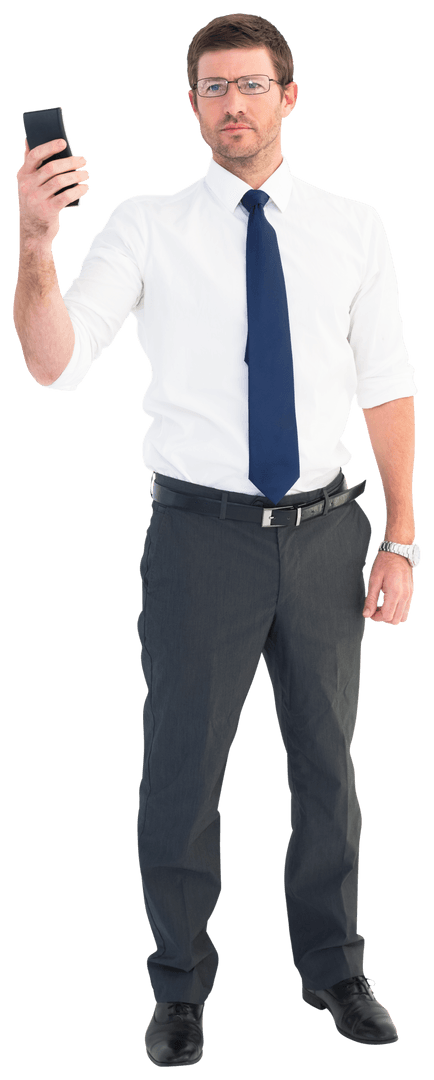 Confident Businessman Holding Smartphone on Transparent Background