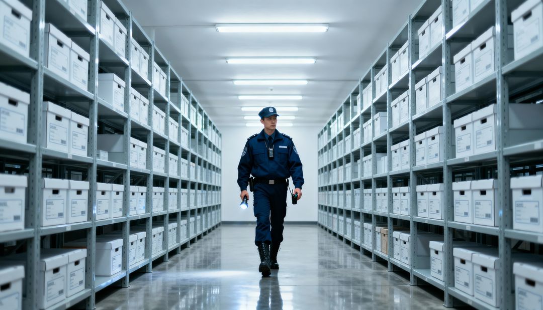 Security Guard Patrolling Archive Aisle Holding Flashlight and Radio in Document Storage