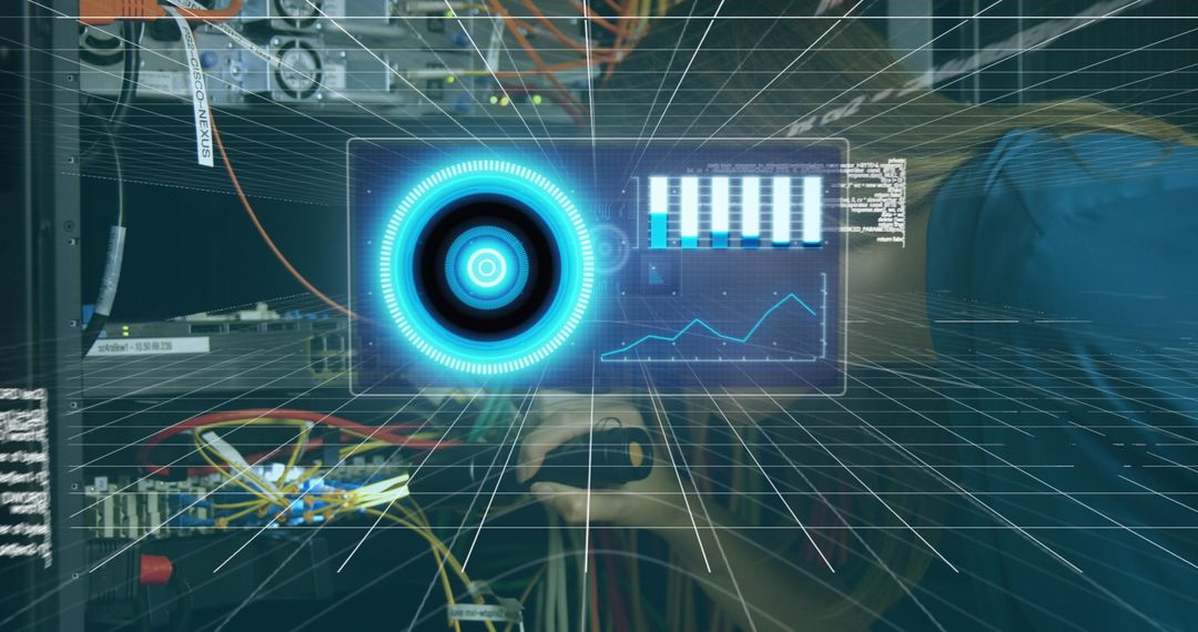 Technician Monitoring Digital Data in High-Tech Server Room