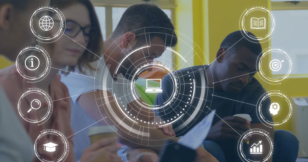 Diverse Team Analyzing Digital Strategy with Network Icons Overlay