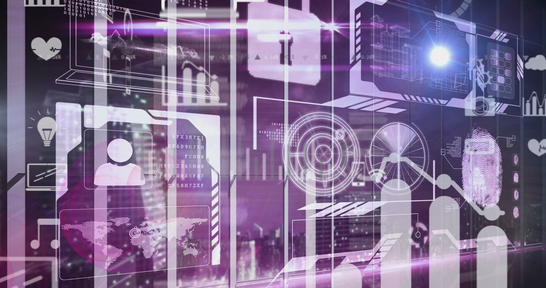 Futuristic Interface with Holographic Data and Security Icons