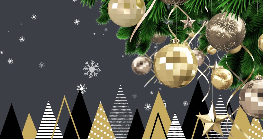 Golden Baubles and Abstract Christmas Trees against Grey Background